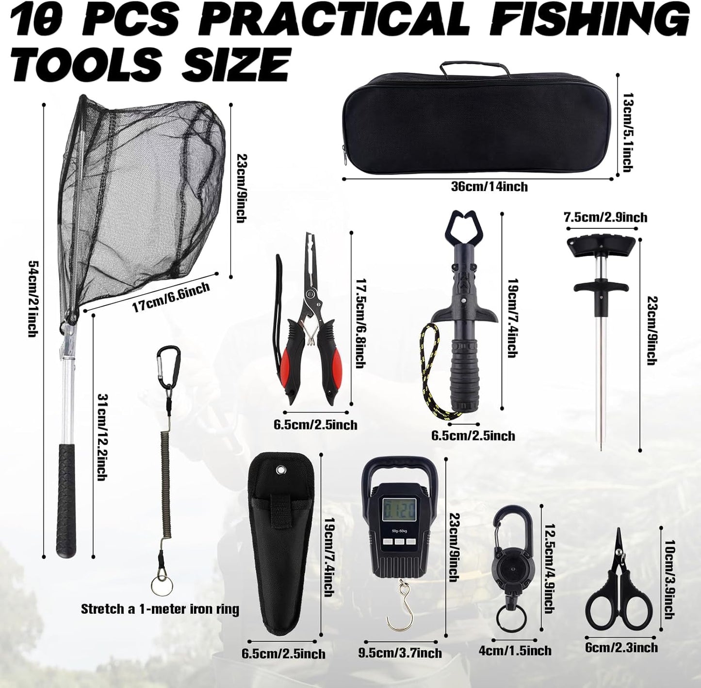 10 Pcs Fishing Tool Kit,Folding Fishing Net Set with Storang Bag,Pliers with Lanyard and Protective Sheaths,Hook Remover,Fish Gripper,Fish Scale,Scissors for Fisherman Travel Gifts