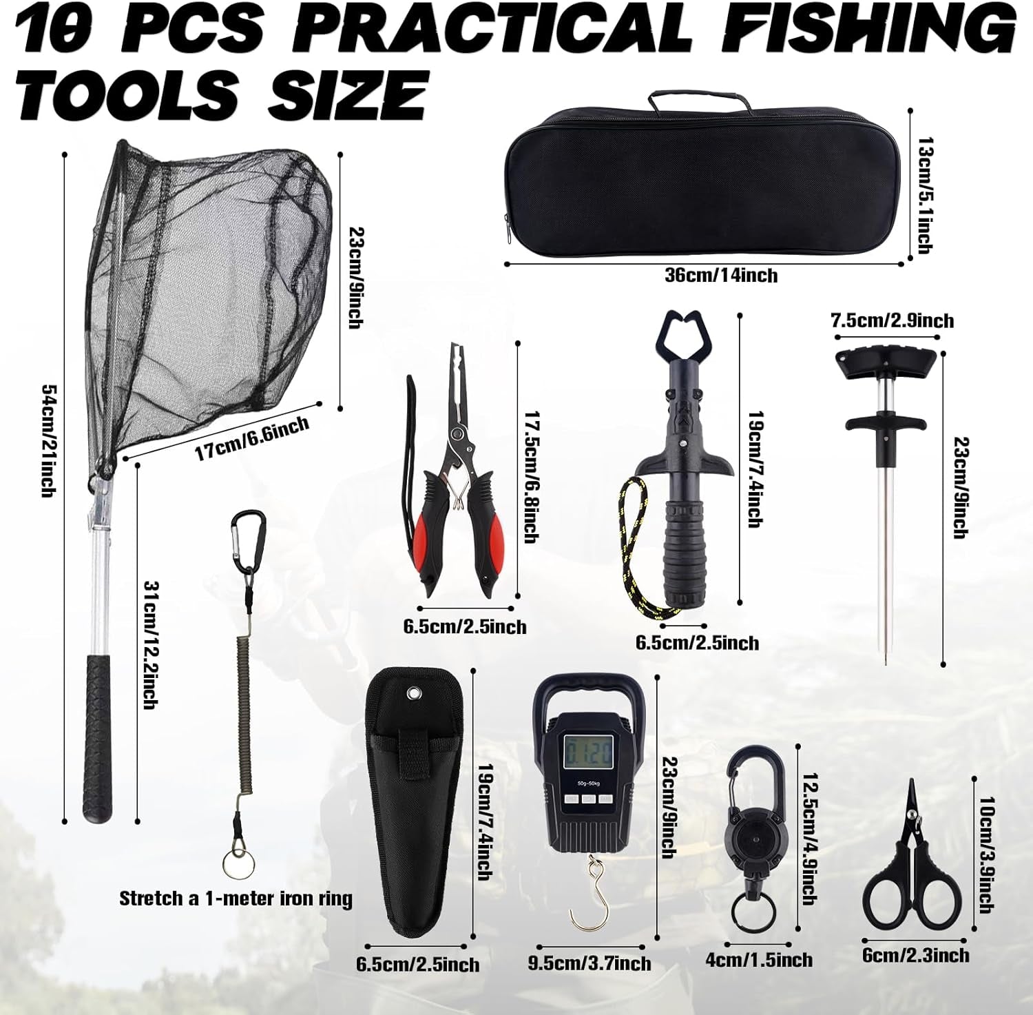 10 Pcs Fishing Tool Kit,Folding Fishing Net Set with Storang Bag,Pliers with Lanyard and Protective Sheaths,Hook Remover,Fish Gripper,Fish Scale,Scissors for Fisherman Travel Gifts