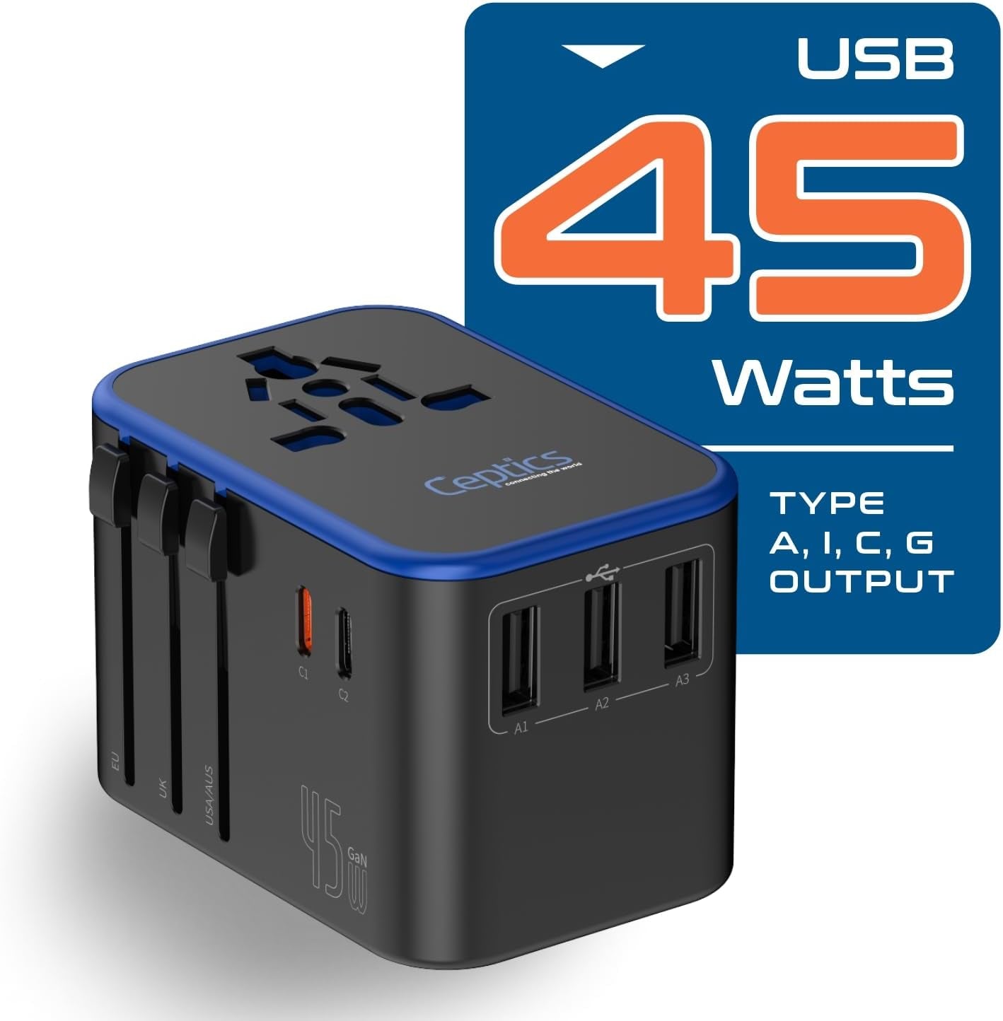 Universal Travel Adapter, 35W International Power Adapter with PD & QC 3.0 Dual USB-C, 3 USB Travel Adapter Worldwide, Type I C G a Outlets 110V 220V A/C - EU Euro US UK (11-KU)