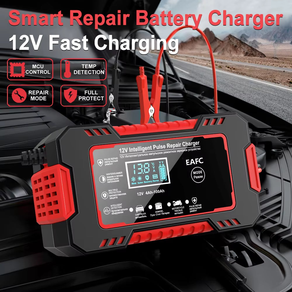 Car Battery Charger 12V 6A Pulse Repair LCD Display Smart Fast Charge AGM Deep Cycle GEL Lead-Acid Charger for Auto Motorcycle