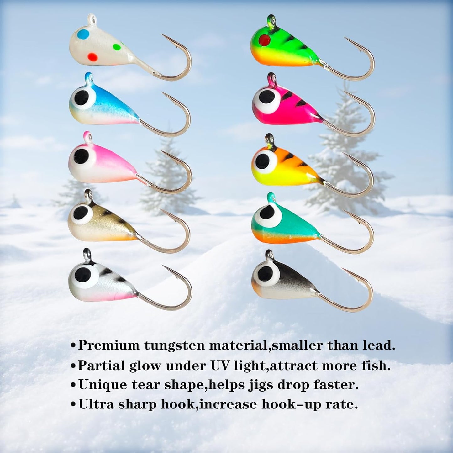 10Pcs Tungsten Ice Fishing Jigs UV Glow in Dark Ice Fishing Lures Sensitive Tungsten Tear Drop Ice Fishing Jig Head for Crappie Panfish Walleye