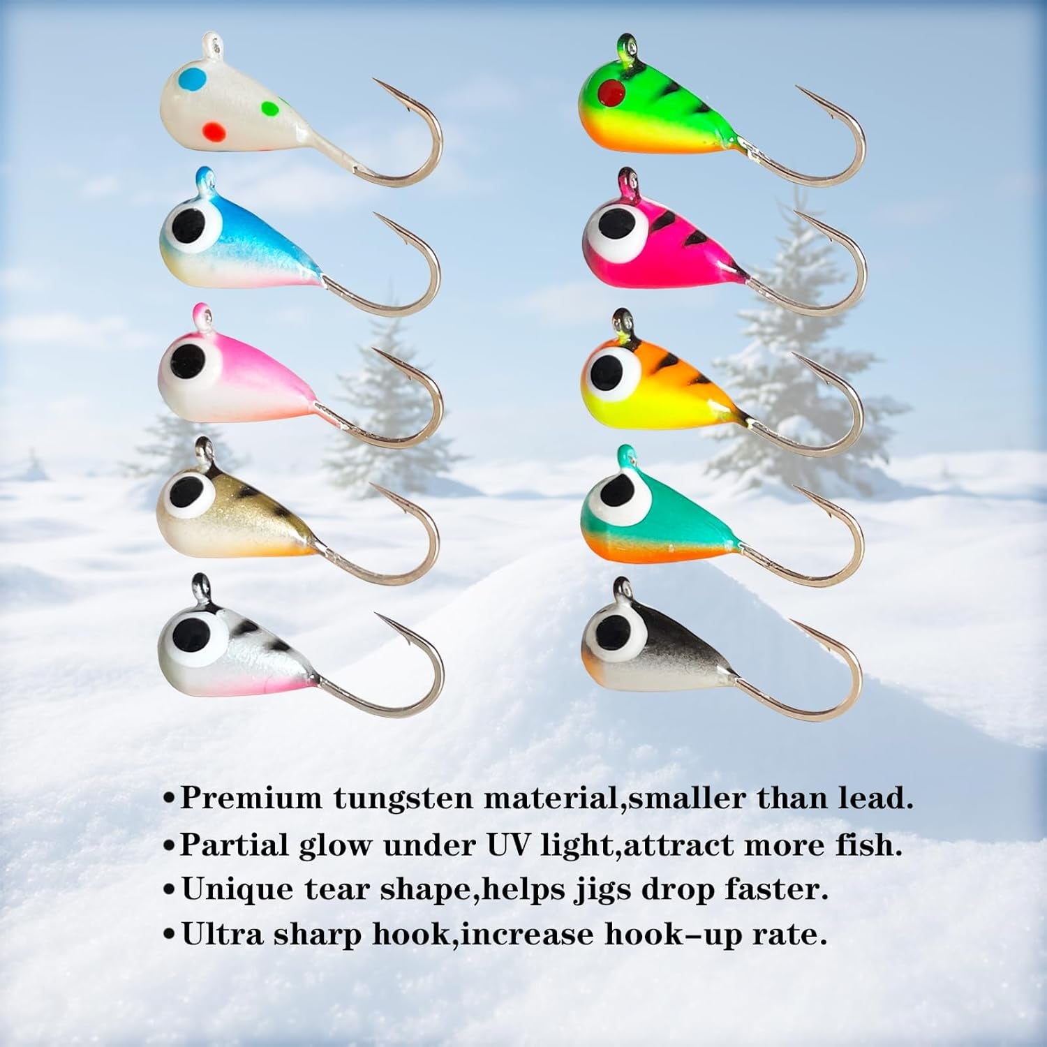 10Pcs Tungsten Ice Fishing Jigs UV Glow in Dark Ice Fishing Lures Sensitive Tungsten Tear Drop Ice Fishing Jig Head for Crappie Panfish Walleye