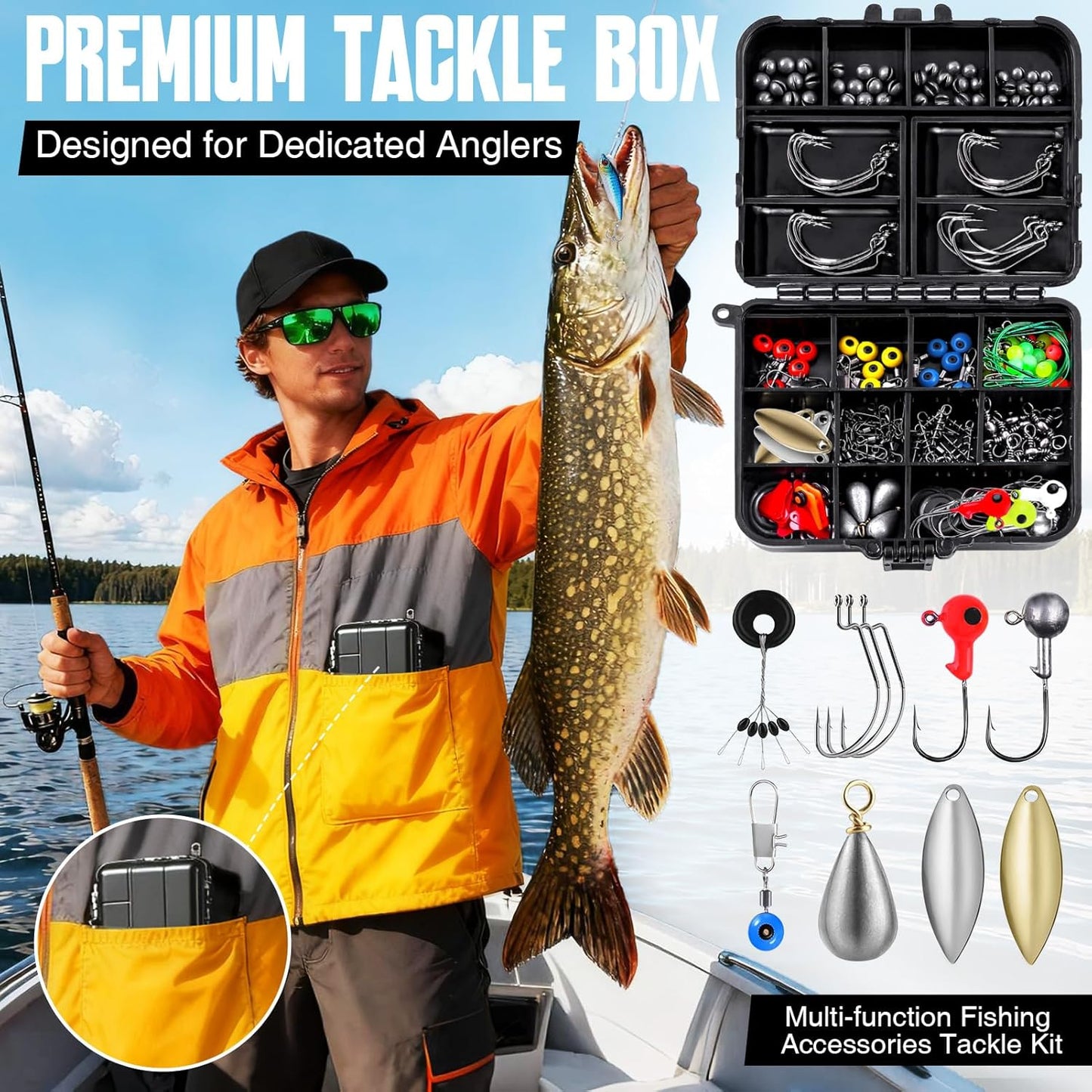 187/343Pcs Fishing Accessories Kit, Organized Fishing Tackle Box with Tackle Included, Fishing Hooks, Fishing Weights Sinkers, Fishing Gear and Equipment, Fishing Gift for Men