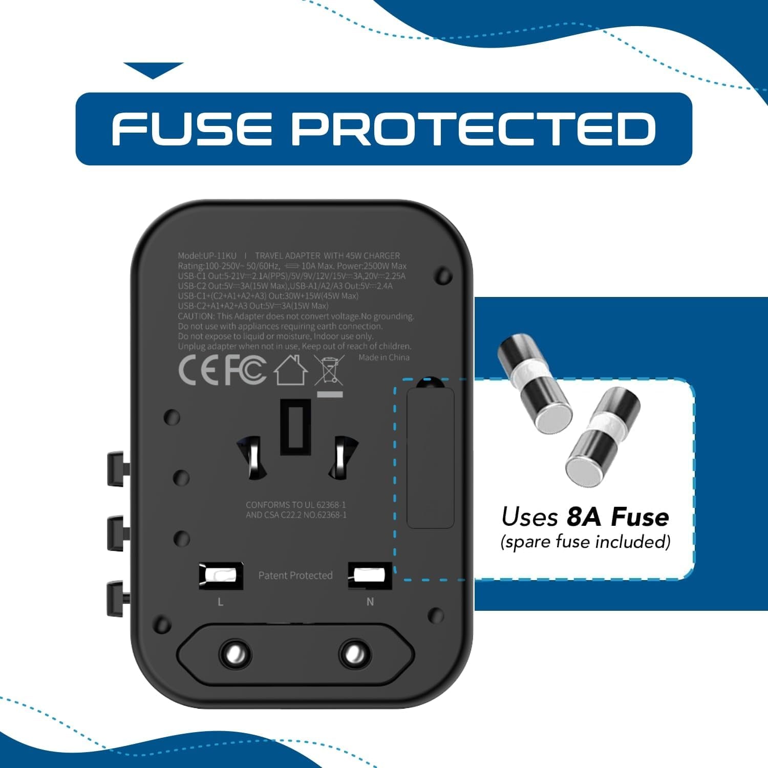 Universal Travel Adapter, 35W International Power Adapter with PD & QC 3.0 Dual USB-C, 3 USB Travel Adapter Worldwide, Type I C G a Outlets 110V 220V A/C - EU Euro US UK (11-KU)
