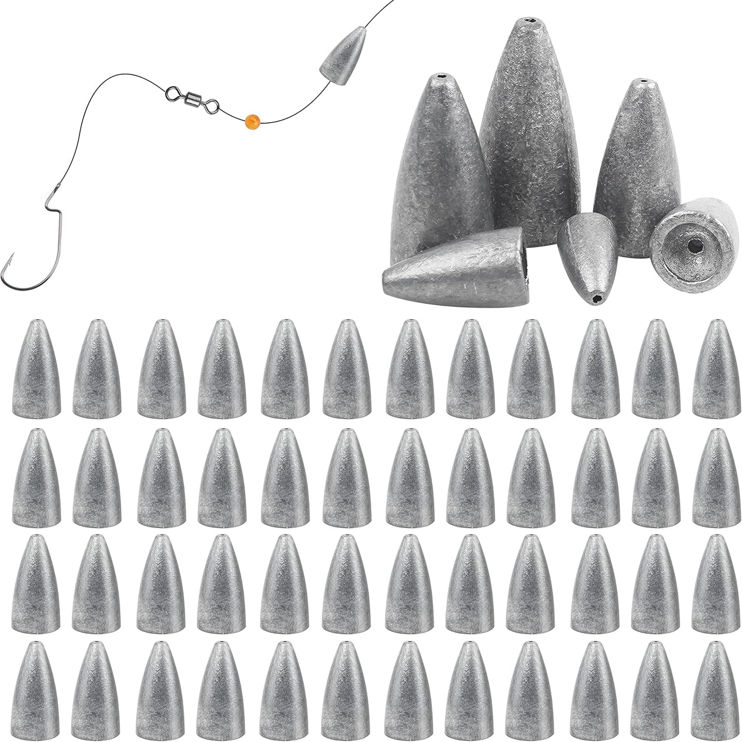 Fishing Weights Sinkers, 50Pcs Bullet Fishing Sinkers Worm Weights Slip Sinkers Sliding Fishing Weight for Bass Fishing Pitching and Flipping Texas Rig Saltwater Freshwater Fishing Tackle