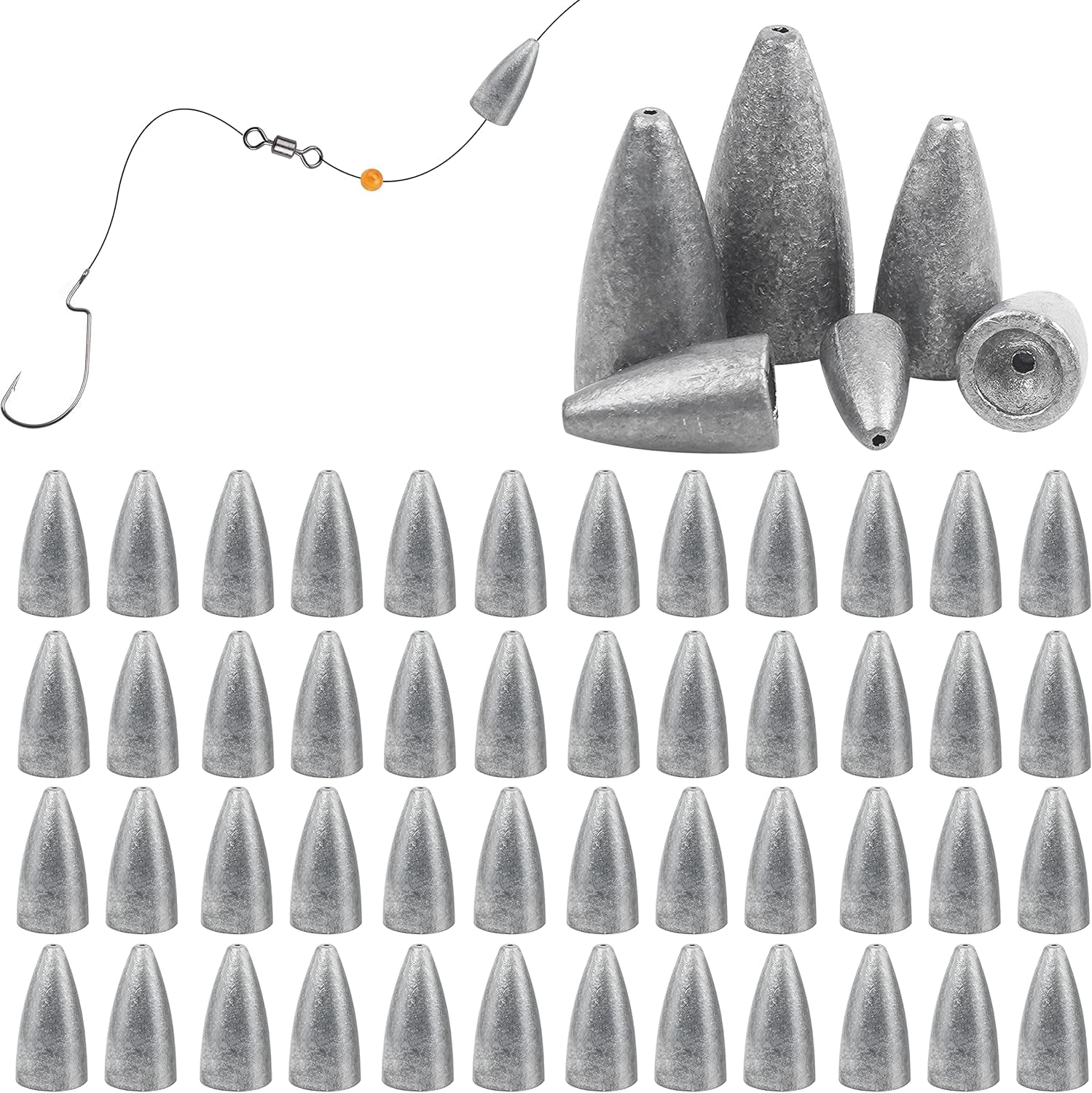 Fishing Weights Sinkers, 50Pcs Bullet Fishing Sinkers Worm Weights Slip Sinkers Sliding Fishing Weight for Bass Fishing Pitching and Flipping Texas Rig Saltwater Freshwater Fishing Tackle