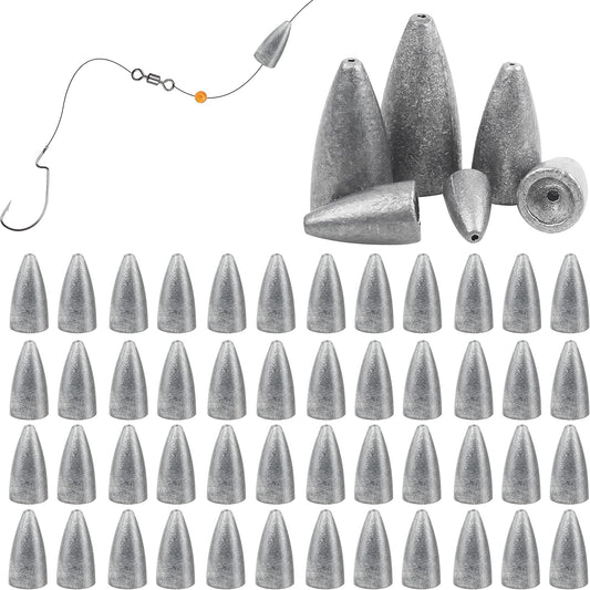 Fishing Weights Sinkers, 50Pcs Bullet Fishing Sinkers Worm Weights Slip Sinkers Sliding Fishing Weight for Bass Fishing Pitching and Flipping Texas Rig Saltwater Freshwater Fishing Tackle
