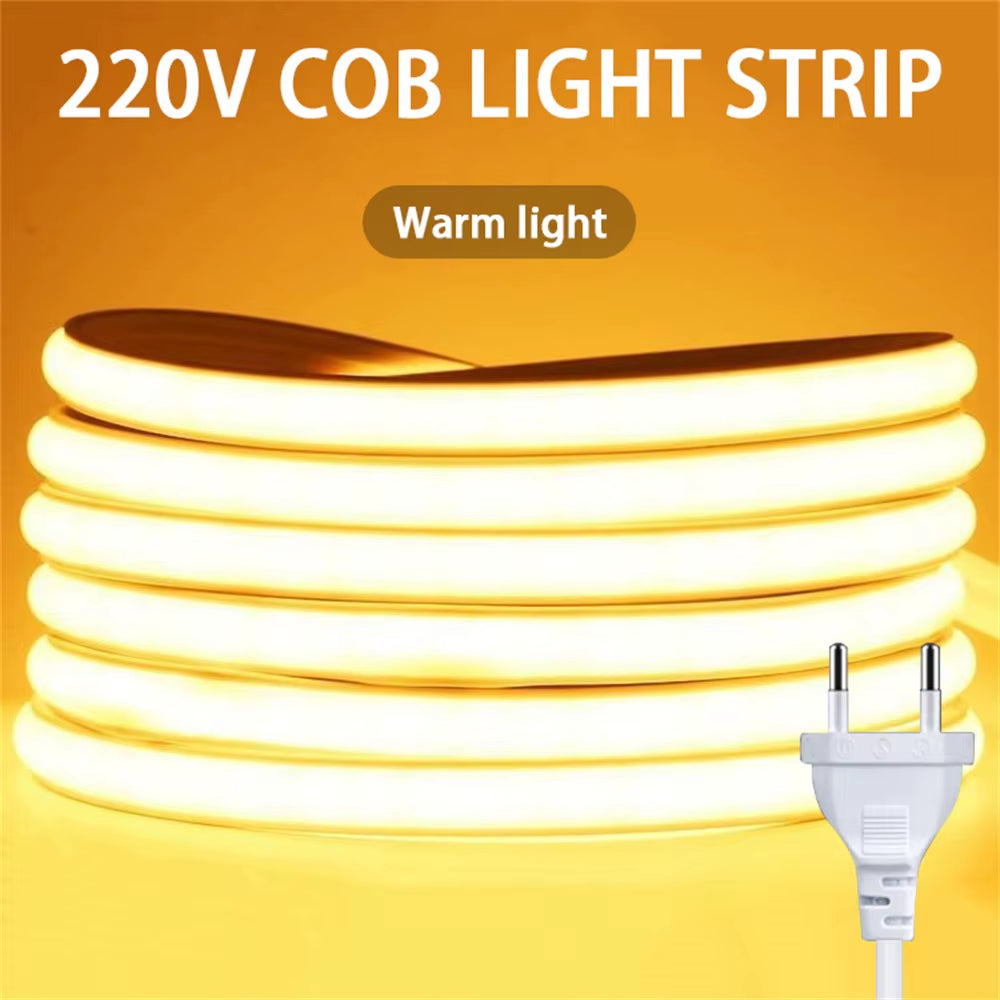 220V Led Ribbon Adhesive High Brightness COB Led Strip for Room Led Strip Flexible Ribbon for Home Kitchen Lighting