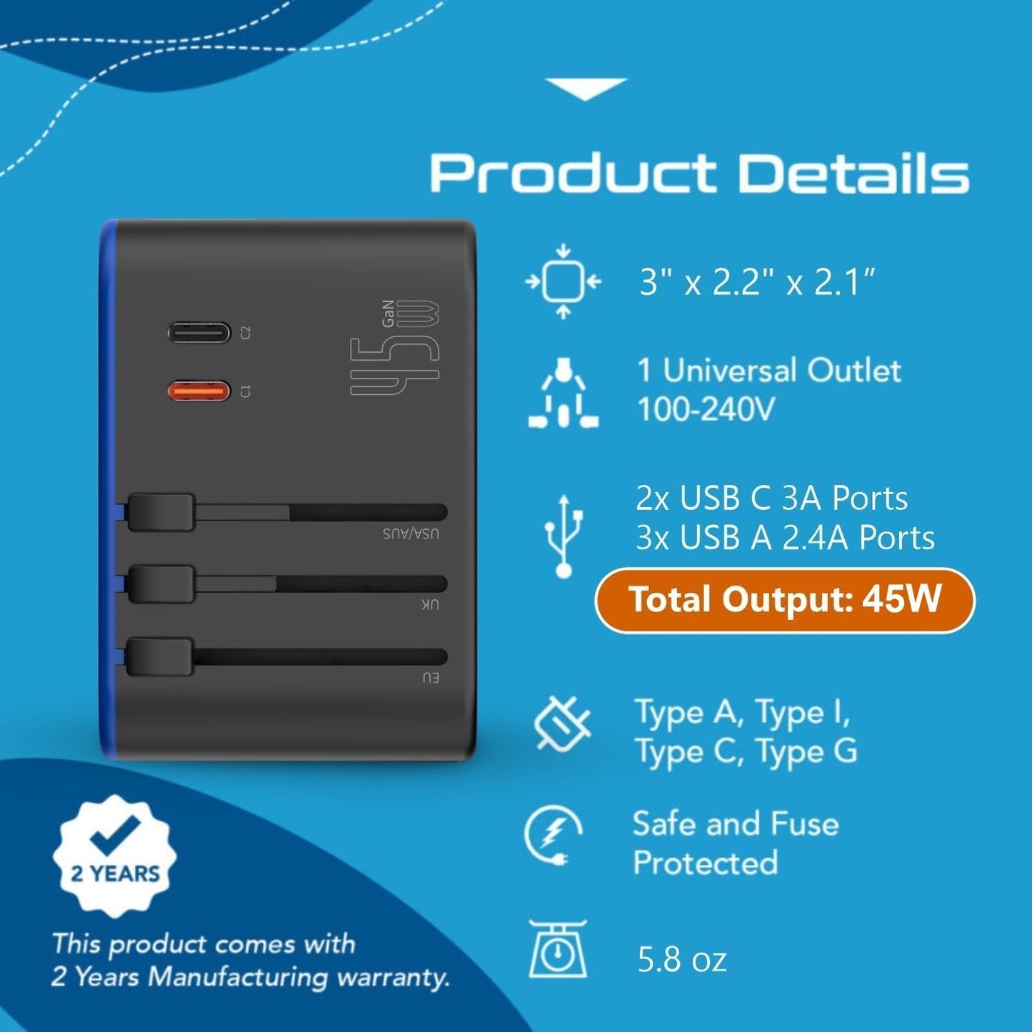 Universal Travel Adapter, 35W International Power Adapter with PD & QC 3.0 Dual USB-C, 3 USB Travel Adapter Worldwide, Type I C G a Outlets 110V 220V A/C - EU Euro US UK (11-KU)