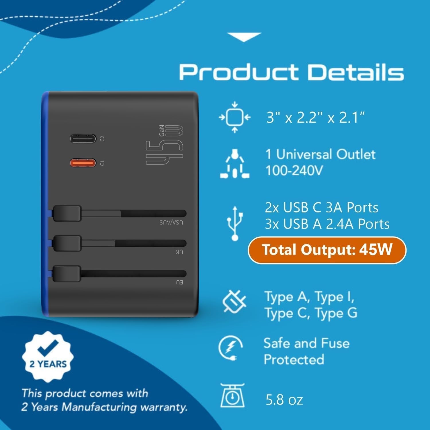 Universal Travel Adapter, 35W International Power Adapter with PD & QC 3.0 Dual USB-C, 3 USB Travel Adapter Worldwide, Type I C G a Outlets 110V 220V A/C - EU Euro US UK (11-KU)