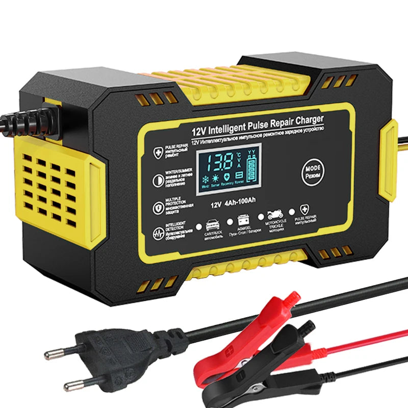 Car Battery Charger 12V 6A Pulse Repair LCD Display Smart Fast Charge AGM Deep Cycle GEL Lead-Acid Charger for Auto Motorcycle
