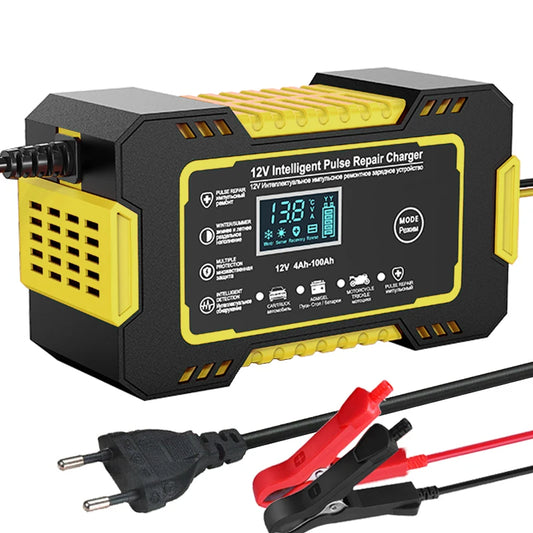 Car Battery Charger 12V 6A Pulse Repair LCD Display Smart Fast Charge AGM Deep Cycle GEL Lead-Acid Charger for Auto Motorcycle