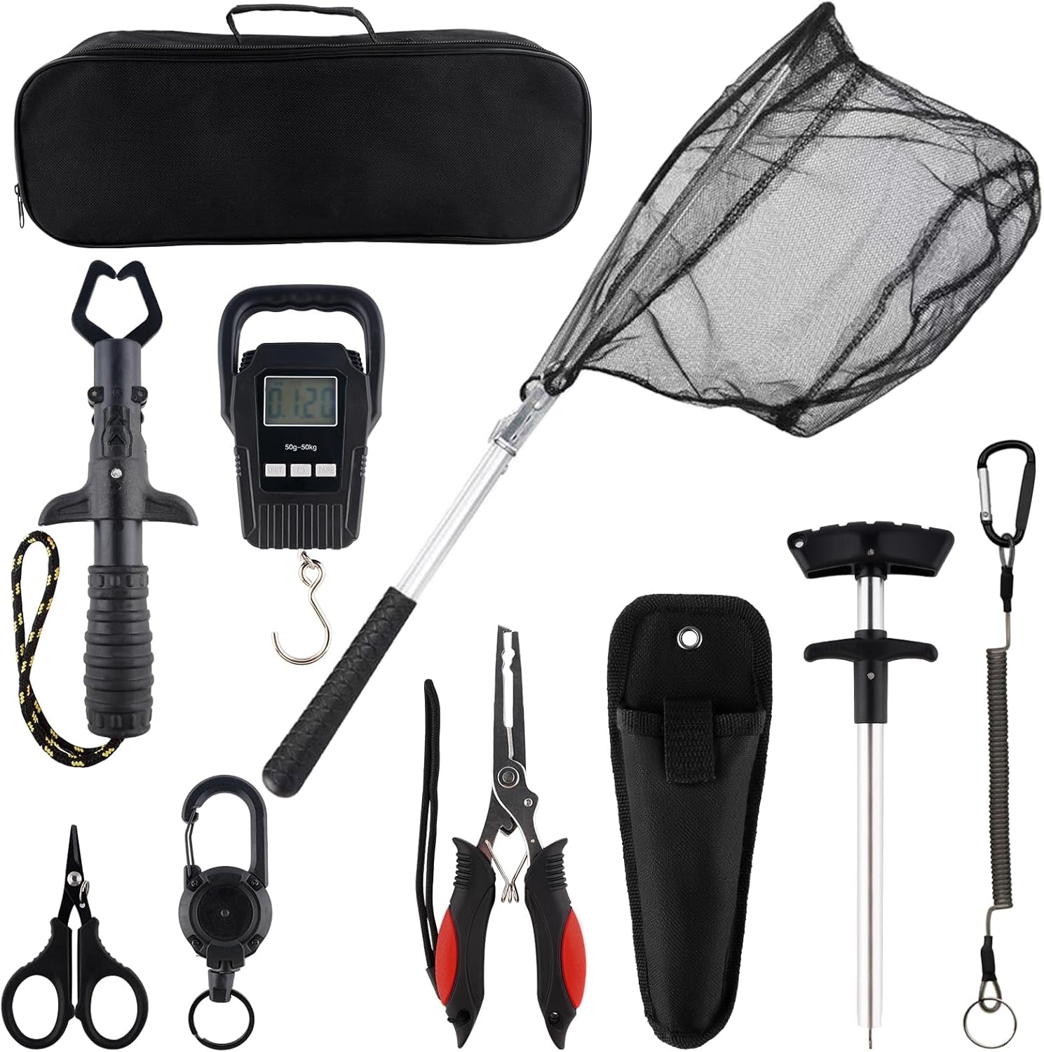 10 Pcs Fishing Tool Kit,Folding Fishing Net Set with Storang Bag,Pliers with Lanyard and Protective Sheaths,Hook Remover,Fish Gripper,Fish Scale,Scissors for Fisherman Travel Gifts
