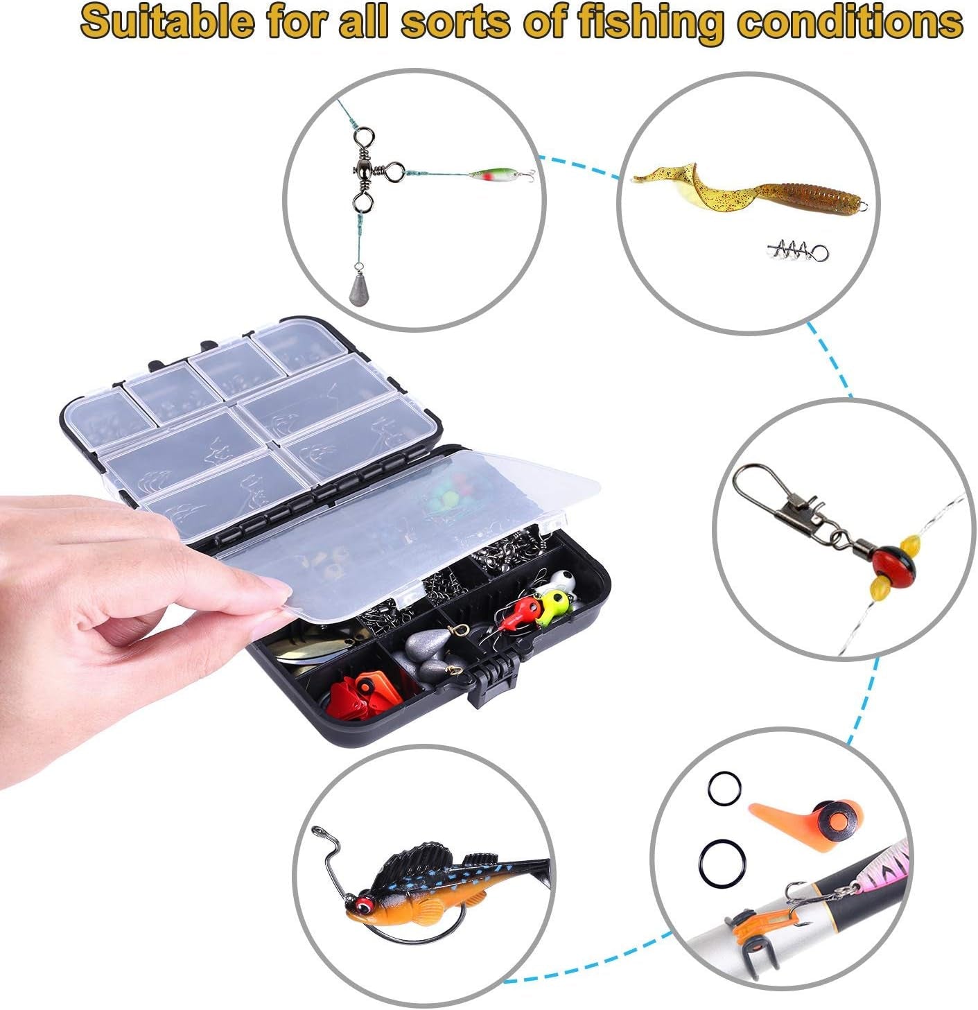 187/343Pcs Fishing Accessories Kit, Organized Fishing Tackle Box with Tackle Included, Fishing Hooks, Fishing Weights Sinkers, Fishing Gear and Equipment, Fishing Gift for Men
