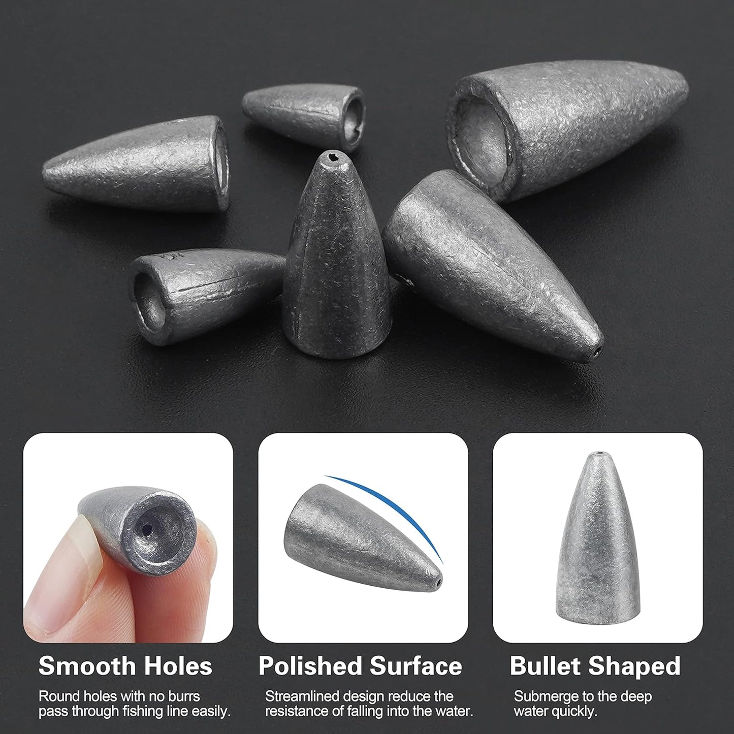 Fishing Weights Sinkers, 50Pcs Bullet Fishing Sinkers Worm Weights Slip Sinkers Sliding Fishing Weight for Bass Fishing Pitching and Flipping Texas Rig Saltwater Freshwater Fishing Tackle