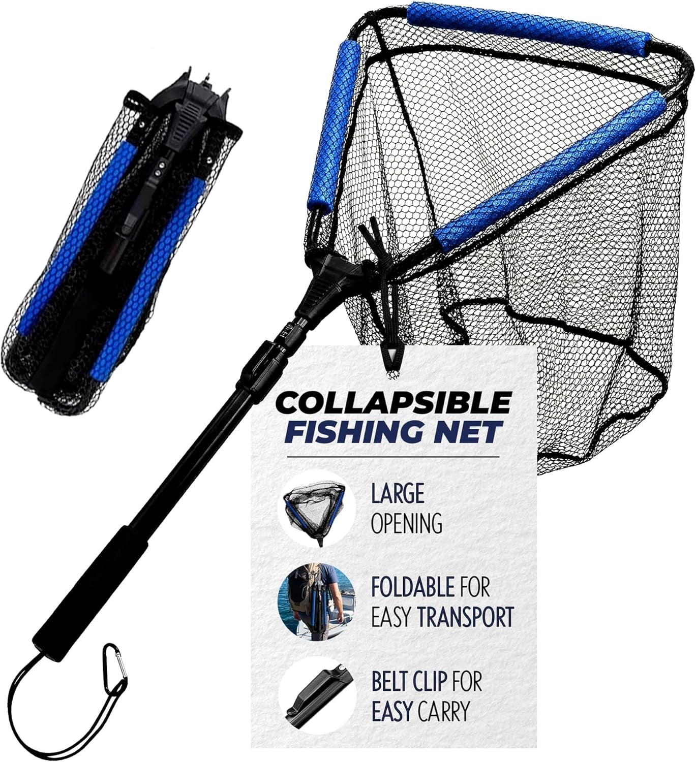 Floating Aluminum Collapsible Fishing Net - Lightweight, Quick-Dry Fish Net with Folding Handle, Large Opening, Durable Knotless Mesh, Gear Clip for Kayak, Pond, Dip - 30"