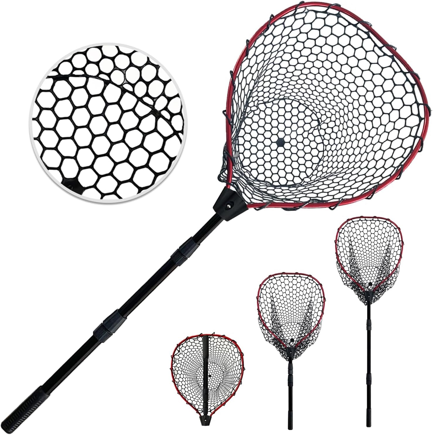 Telescoping Metal Lock Fishing Net with Handle Red Green 64" 52" Rubber Fish Net - Adjustable Length Lightweight Foldable Large Big Collapsible Extendable Fishing Net