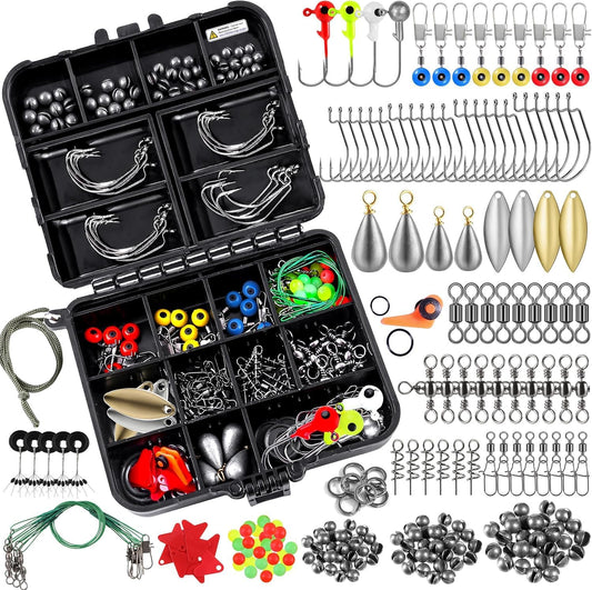 187/343Pcs Fishing Accessories Kit, Organized Fishing Tackle Box with Tackle Included, Fishing Hooks, Fishing Weights Sinkers, Fishing Gear and Equipment, Fishing Gift for Men