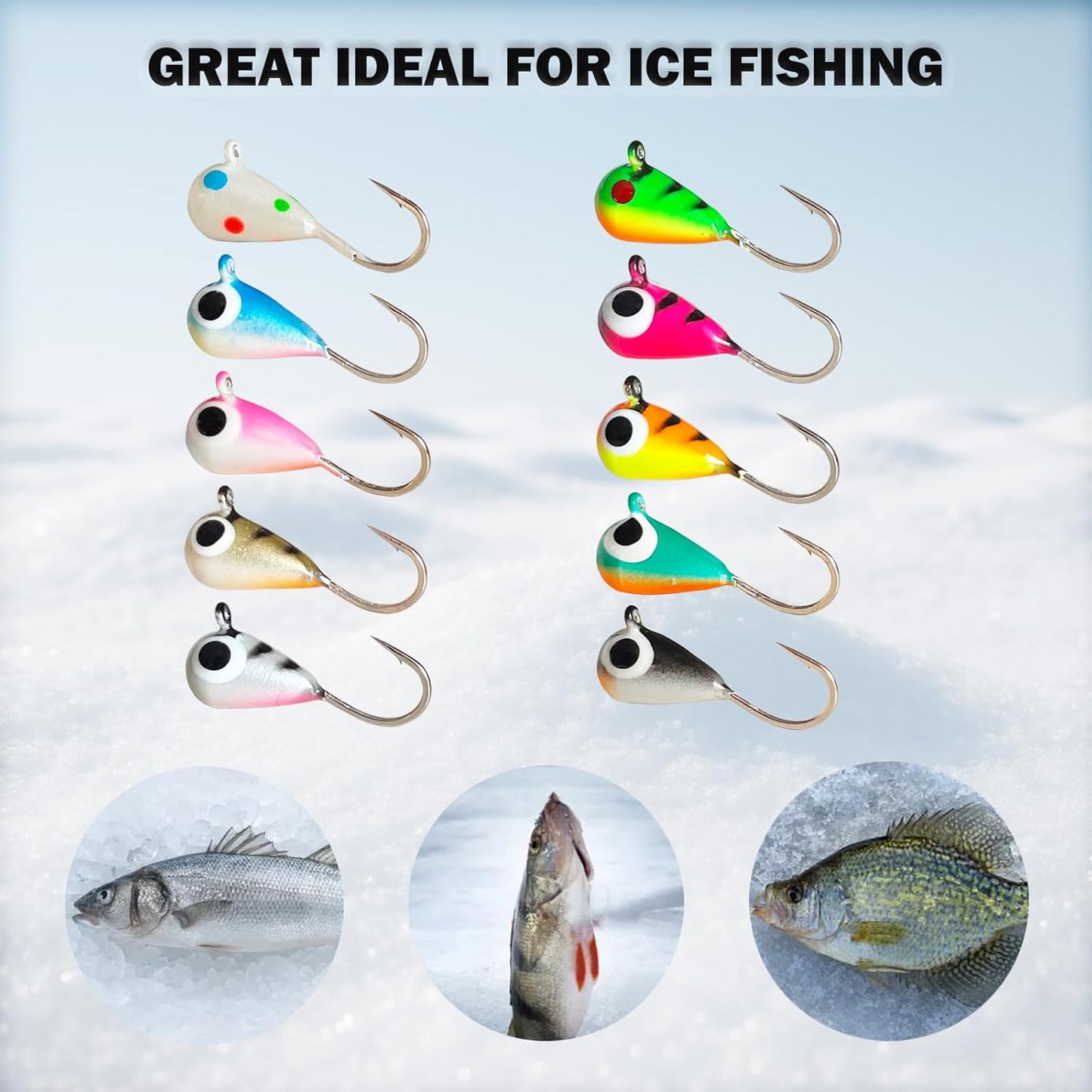 10Pcs Tungsten Ice Fishing Jigs UV Glow in Dark Ice Fishing Lures Sensitive Tungsten Tear Drop Ice Fishing Jig Head for Crappie Panfish Walleye