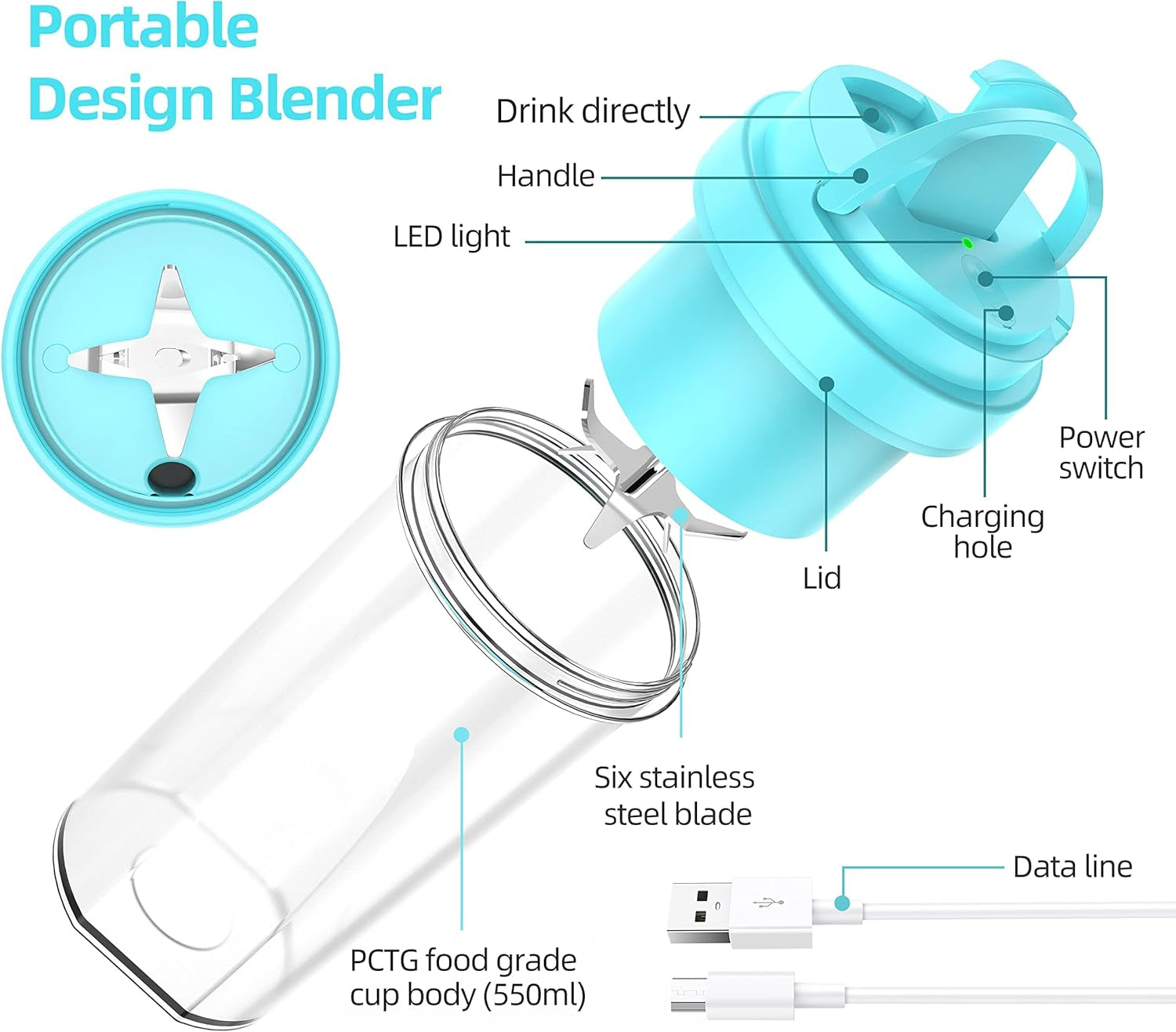 Personal Size Blender, Portable Blender Fruit Rechargeable with USB, Travel Blender with Six Blades, Mini Blender for Shakes and Smoothies, 19Oz/550Ml Juicer Cup for Gym, Travel (Green)