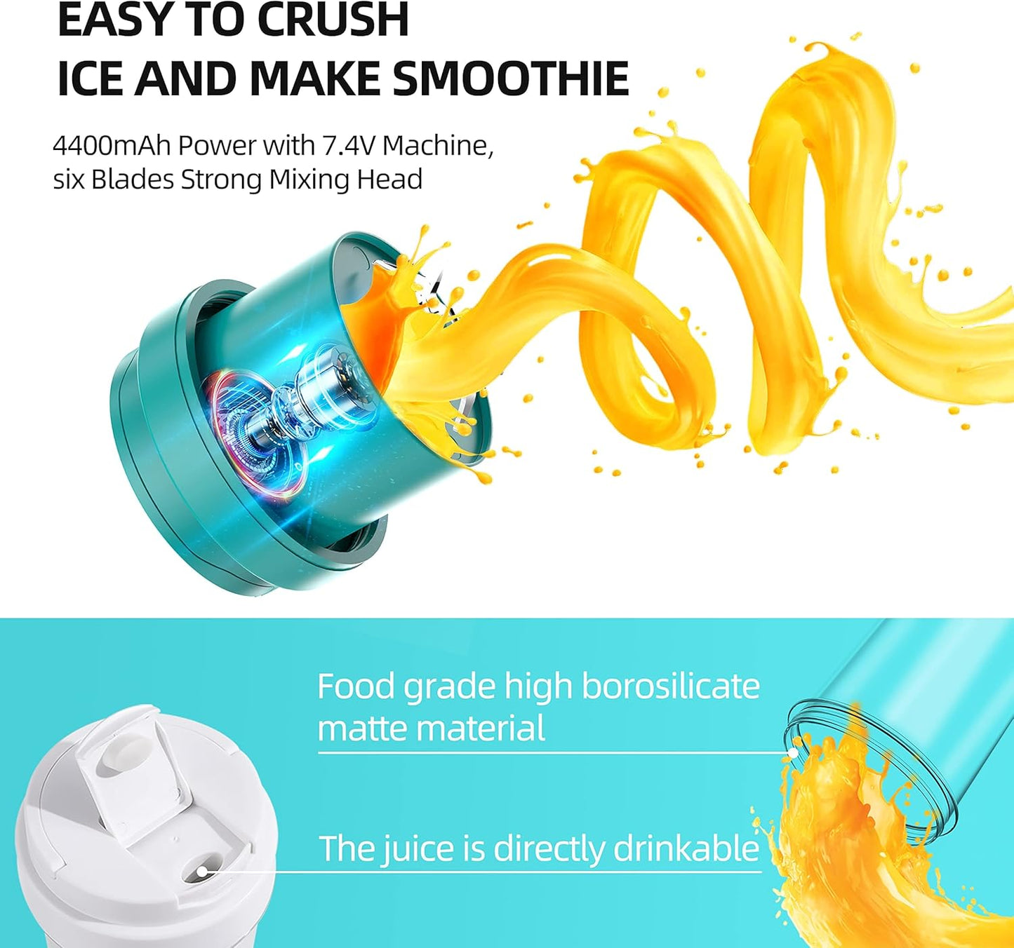 Personal Size Blender, Portable Blender Fruit Rechargeable with USB, Travel Blender with Six Blades, Mini Blender for Shakes and Smoothies, 19Oz/550Ml Juicer Cup for Gym, Travel (Green)