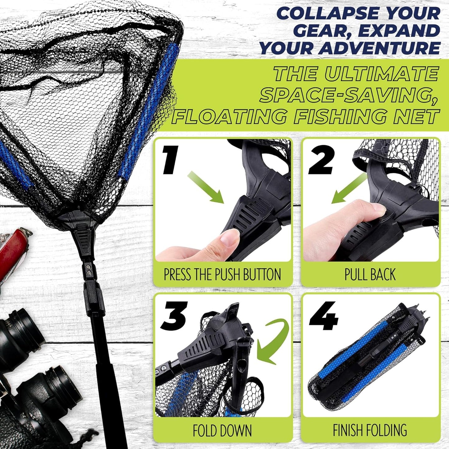 Floating Aluminum Collapsible Fishing Net - Lightweight, Quick-Dry Fish Net with Folding Handle, Large Opening, Durable Knotless Mesh, Gear Clip for Kayak, Pond, Dip - 30"