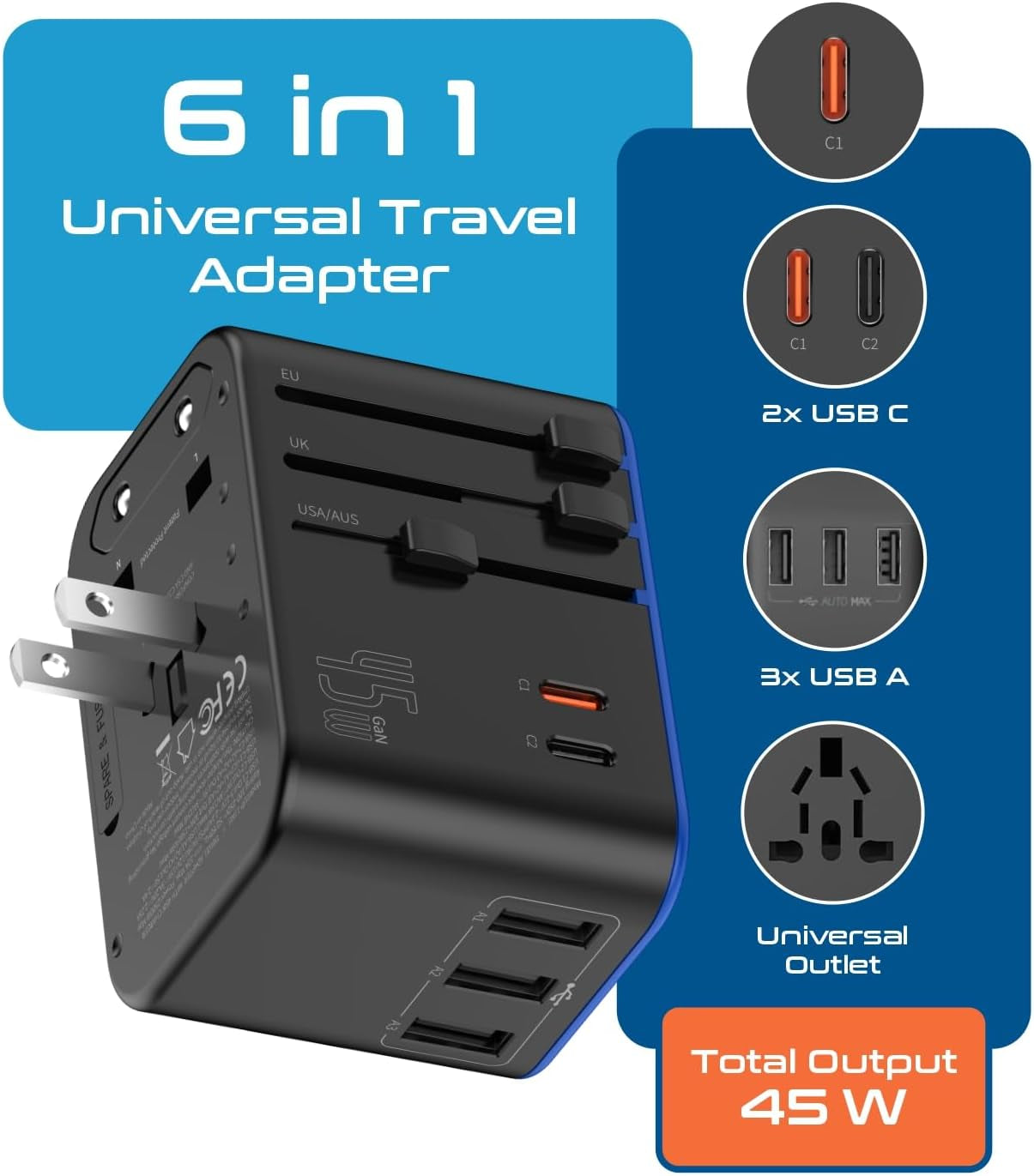 Universal Travel Adapter, 35W International Power Adapter with PD & QC 3.0 Dual USB-C, 3 USB Travel Adapter Worldwide, Type I C G a Outlets 110V 220V A/C - EU Euro US UK (11-KU)