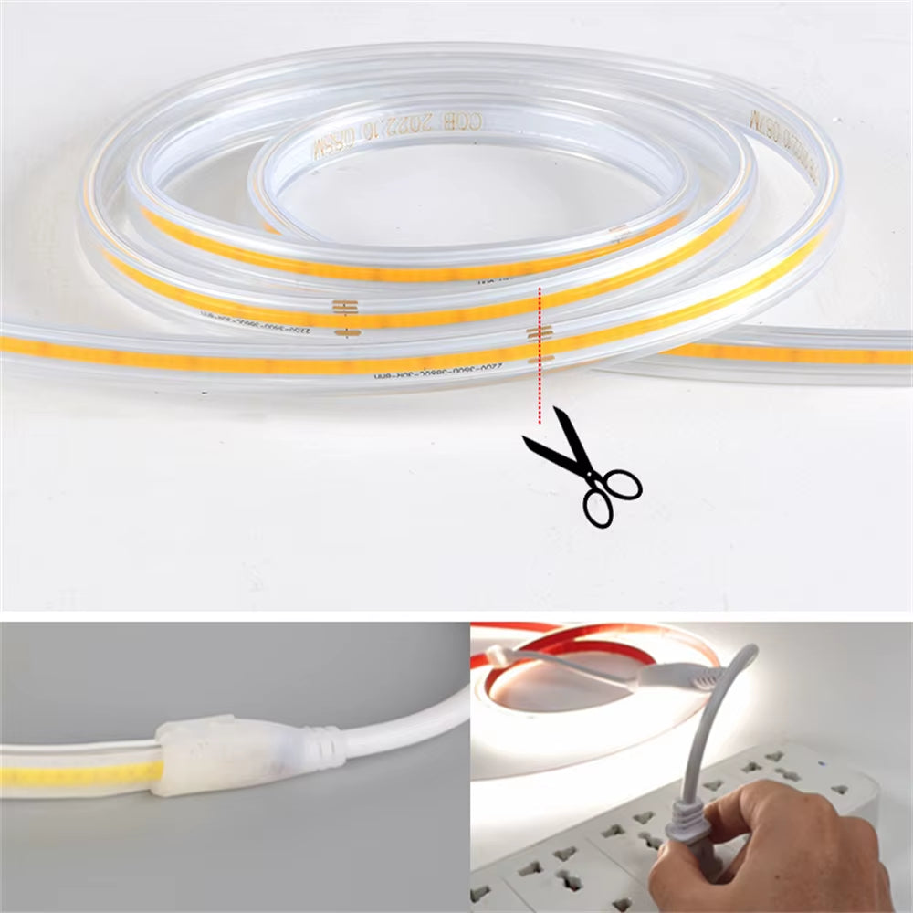 220V Led Ribbon Adhesive High Brightness COB Led Strip for Room Led Strip Flexible Ribbon for Home Kitchen Lighting