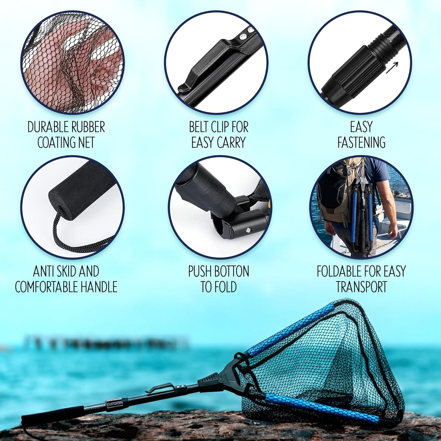 Floating Aluminum Collapsible Fishing Net - Lightweight, Quick-Dry Fish Net with Folding Handle, Large Opening, Durable Knotless Mesh, Gear Clip for Kayak, Pond, Dip - 30"