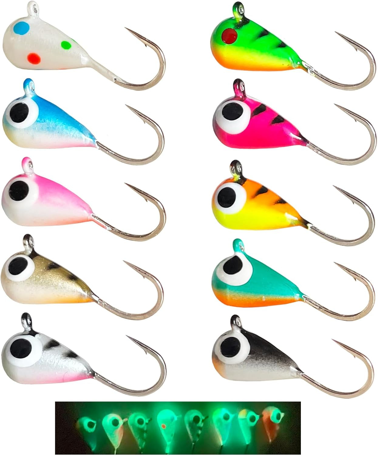 10Pcs Tungsten Ice Fishing Jigs UV Glow in Dark Ice Fishing Lures Sensitive Tungsten Tear Drop Ice Fishing Jig Head for Crappie Panfish Walleye