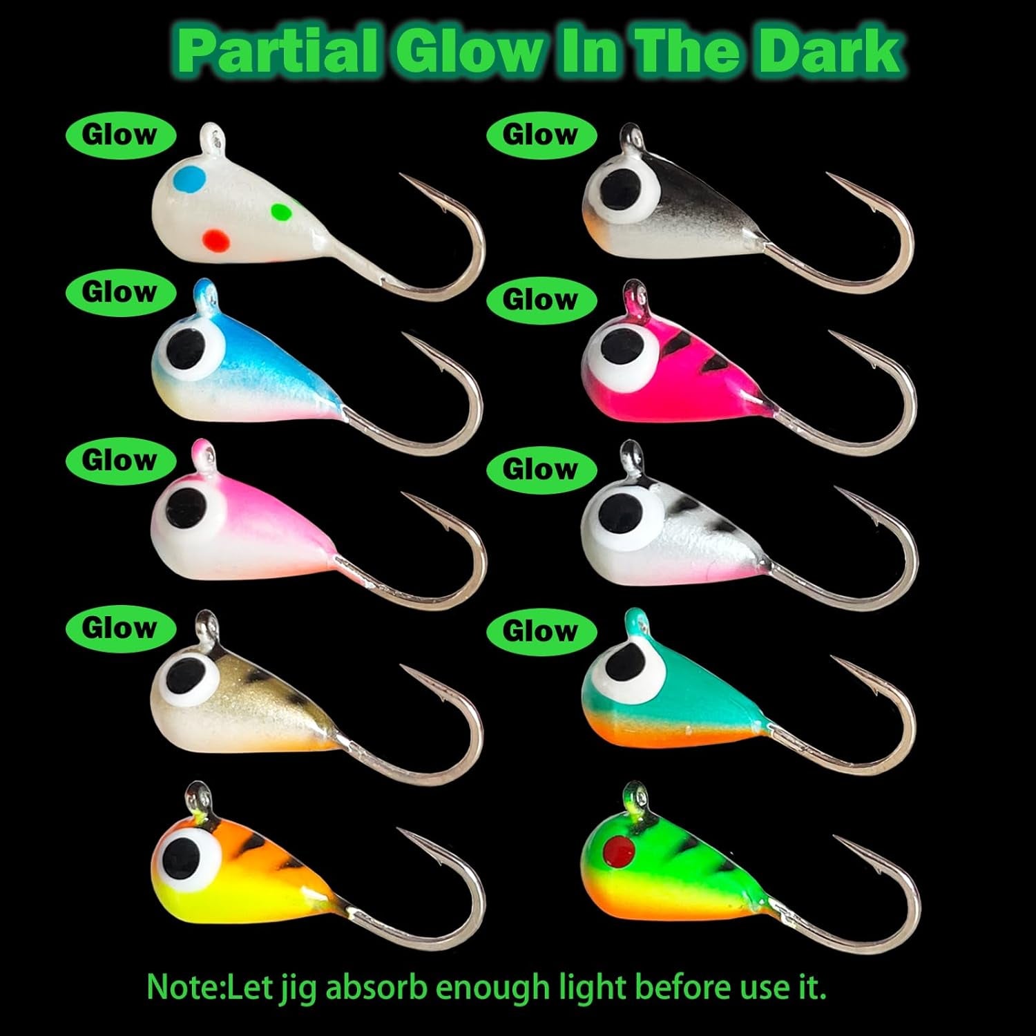 10Pcs Tungsten Ice Fishing Jigs UV Glow in Dark Ice Fishing Lures Sensitive Tungsten Tear Drop Ice Fishing Jig Head for Crappie Panfish Walleye