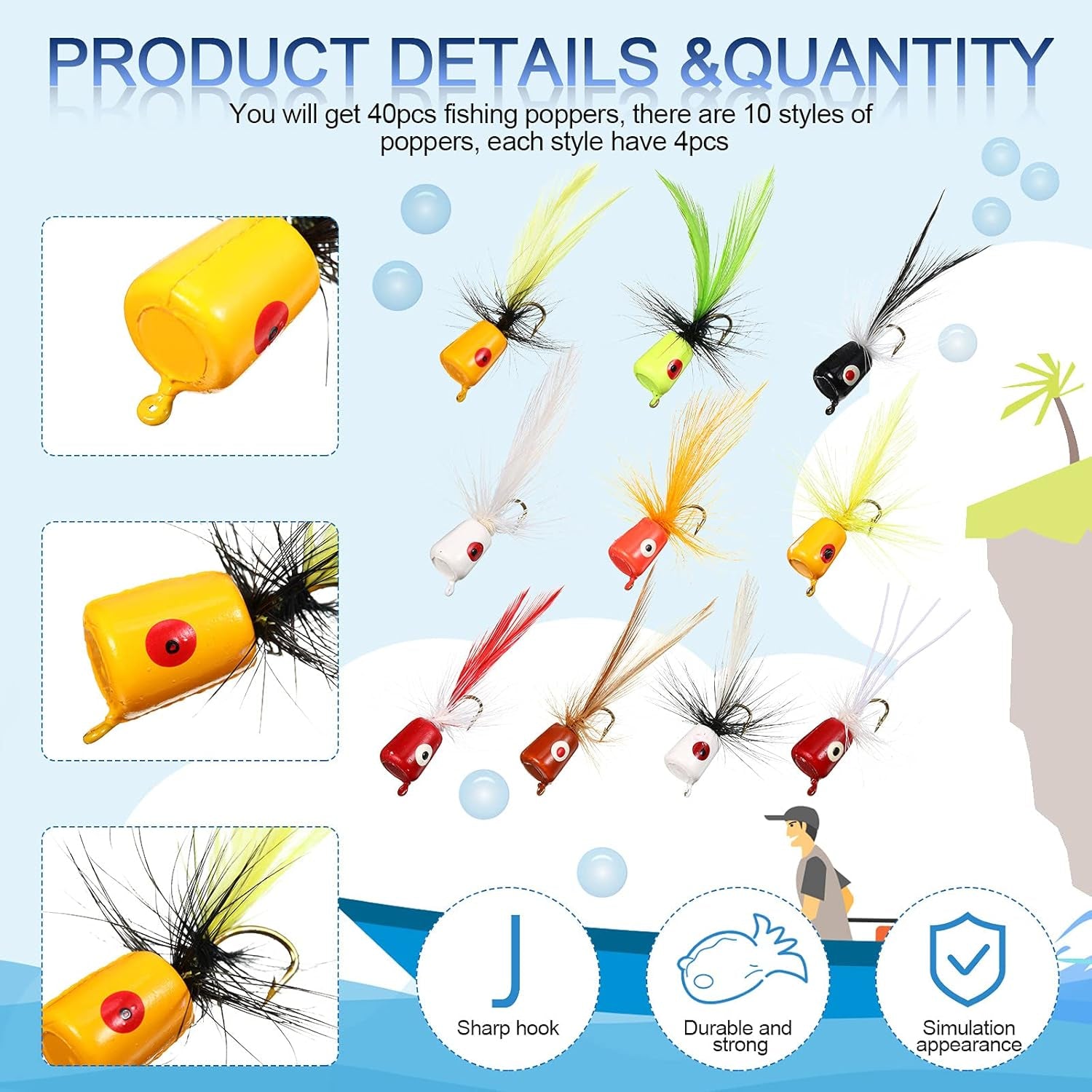 40 Pieces Fly Fishing Flies Fly Poppers Panfish Poppers Dry Flies Fishing Popper Lures for Trout Salmon Bass