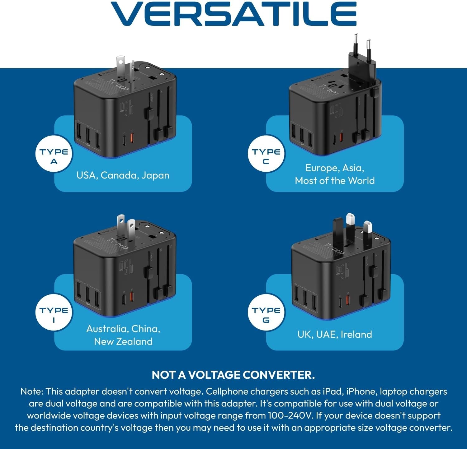 Universal Travel Adapter, 35W International Power Adapter with PD & QC 3.0 Dual USB-C, 3 USB Travel Adapter Worldwide, Type I C G a Outlets 110V 220V A/C - EU Euro US UK (11-KU)