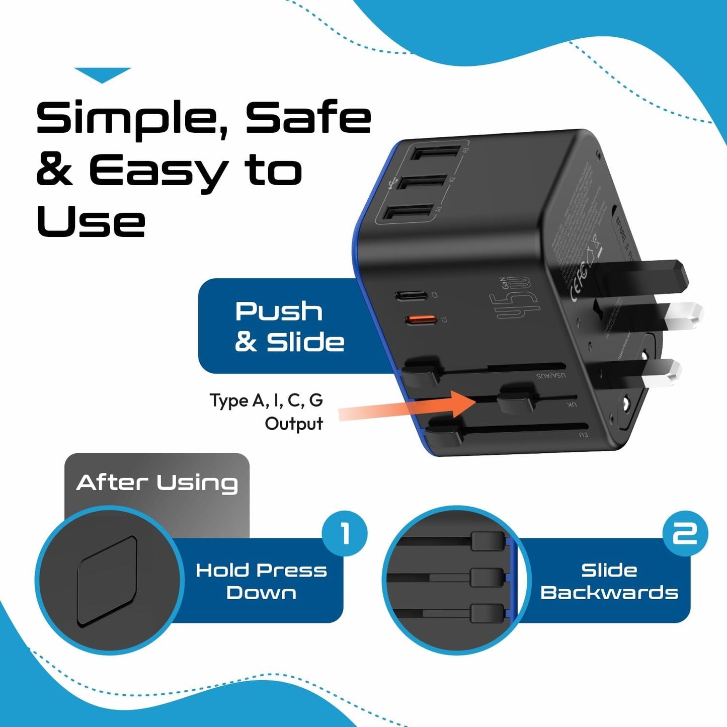 Universal Travel Adapter, 35W International Power Adapter with PD & QC 3.0 Dual USB-C, 3 USB Travel Adapter Worldwide, Type I C G a Outlets 110V 220V A/C - EU Euro US UK (11-KU)